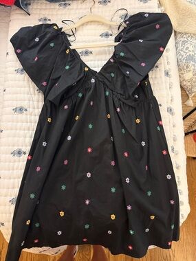 Kids Black Puff-Sleeve Dress with Multicolor Floral Embroidery